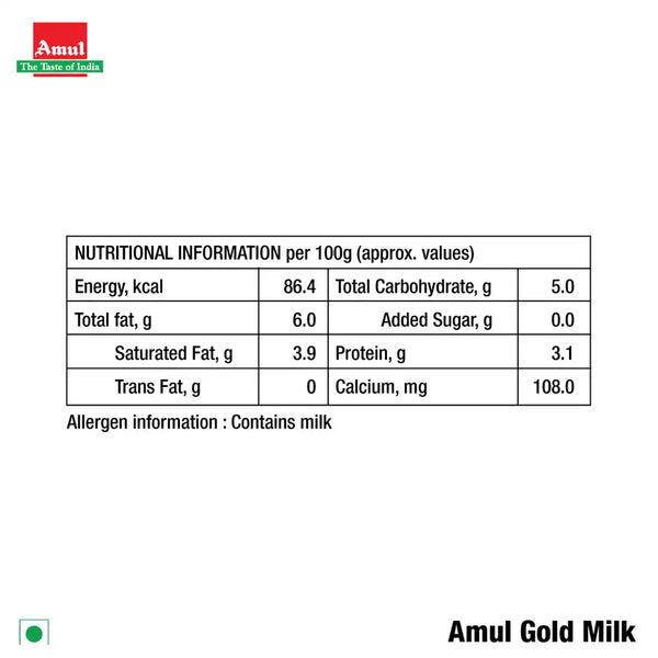 Amul Gold Full Cream Fresh Milk | Pouch 500ml