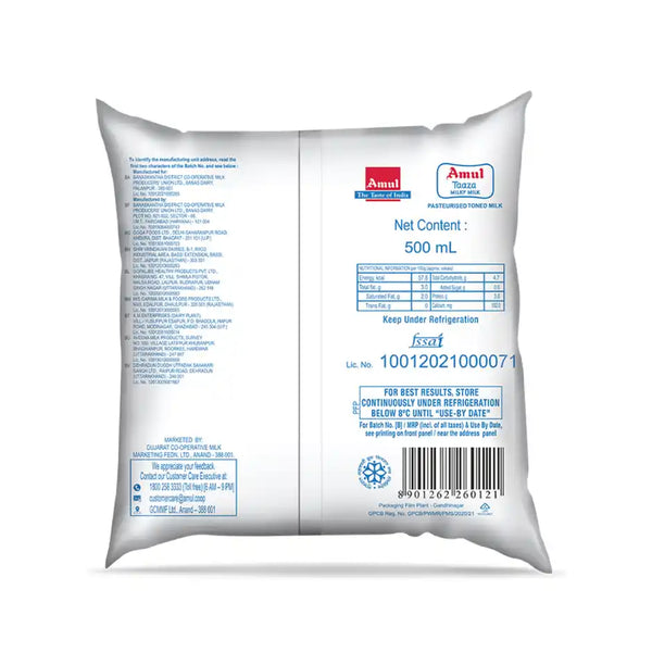 Amul Taaza Toned Fresh Milk | Pouch 500 ml