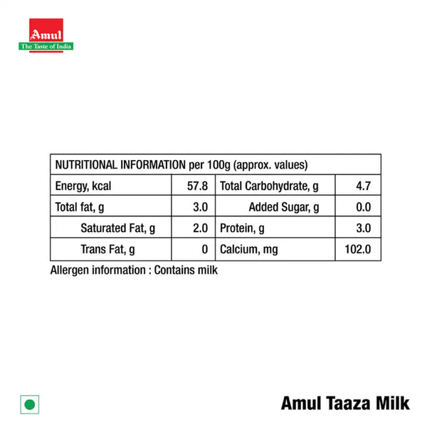 Amul Taaza Toned Fresh Milk | Pouch 500 ml