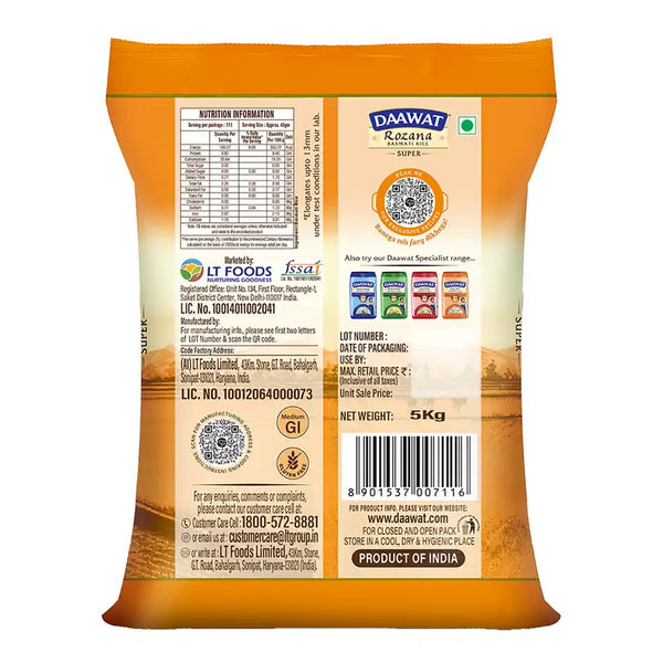 Daawat Rozana Super Basmati Rice | Medium Grain (5 kg)
