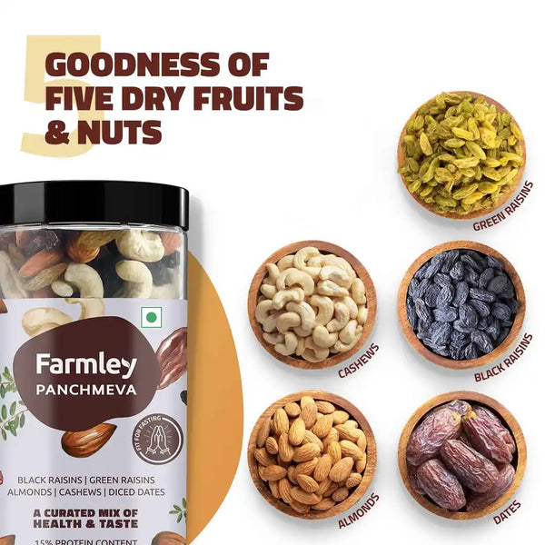 Farmley Mix Dry Fruits Panchmeva | Almonds | Cashews | Dates | Black Raisins | Green Raisins 405g