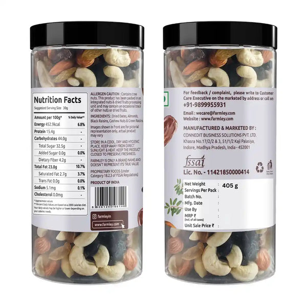 Farmley Mix Dry Fruits Panchmeva | Almonds | Cashews | Dates | Black Raisins | Green Raisins 405g