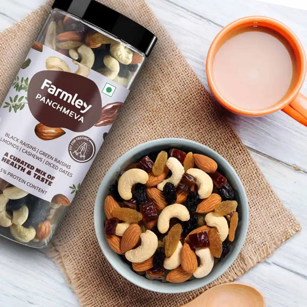 Farmley Mix Dry Fruits Panchmeva | Almonds | Cashews | Dates | Black Raisins | Green Raisins 405g