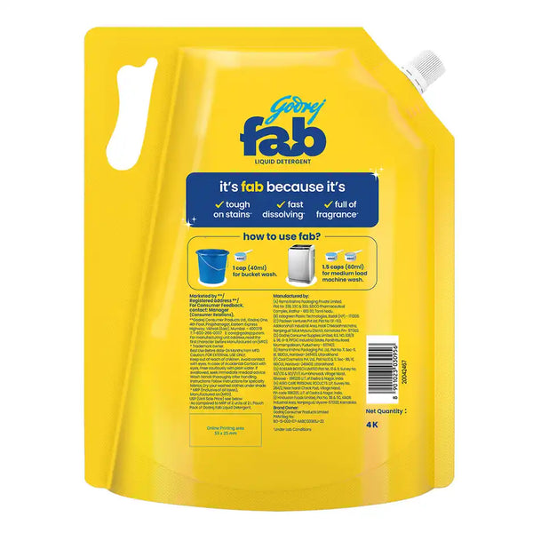 Godrej Fab Liquid Detergent Refill Pouch for Machine 4kg