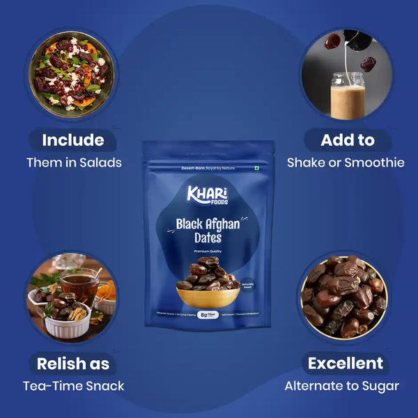 Khari Foods Black Afghan Dates | Instant Energy Khajur, Dry Fruit Khajoor 200g