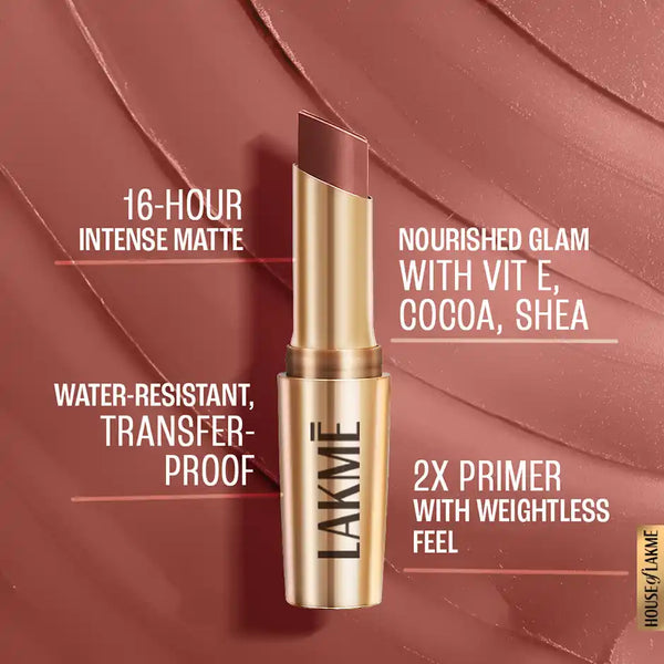 Lakme 9to5 Powerplay Priming Matte Lipstick, Lasts 16hrs, Nude Touch 3.6g