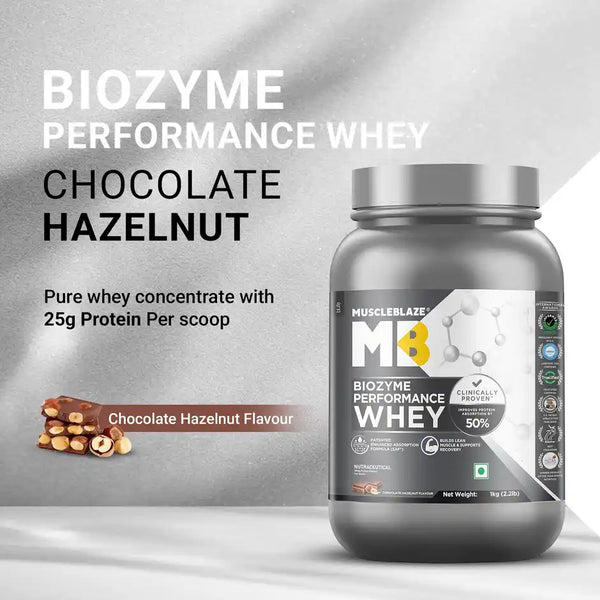 MuscleBlaze Biozyme Performance Whey Protein Powder (Chocolate Hazelnut) (1 kg)