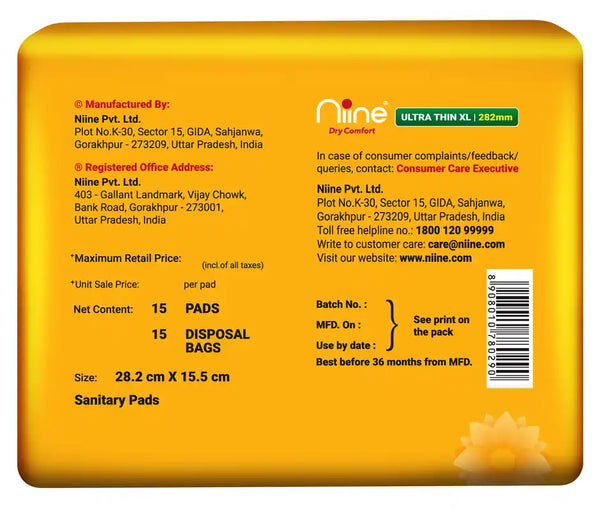 Niine Sanitary Napkins Ultra-Thin XL Dry Comfort | 282 mm | with Biodegradable Bags | 15 Pads