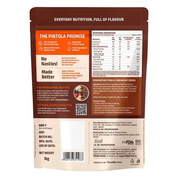 Pintola High Protein Oats Dark Chocolate With Almonds Raisin Pumpkin And Chia Seeds 1kg