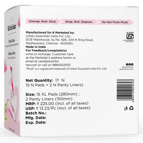Plush Ultra Thin 15 XL Sanitary Pads | Medium Flow 15 PCS
