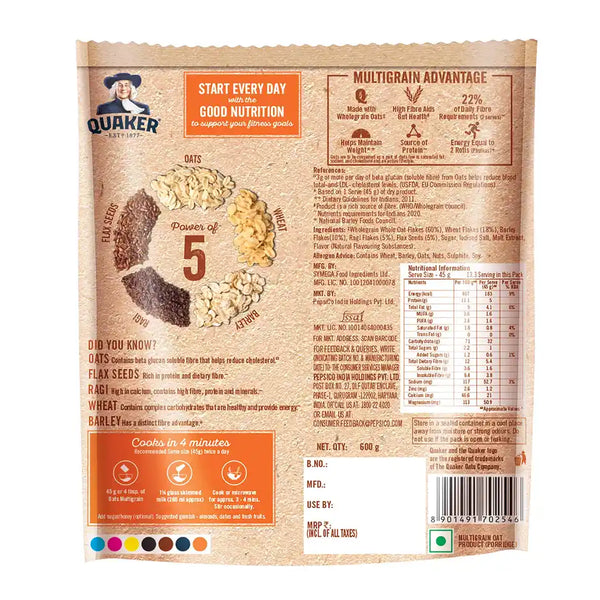 Quaker Multigrain Rolled Oats | High Fiber Breakfast Cereal (600 g)