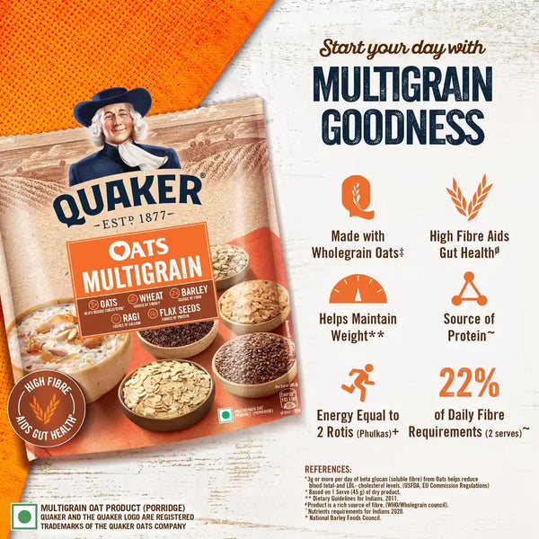 Quaker Multigrain Rolled Oats | High Fiber Breakfast Cereal (600 g)
