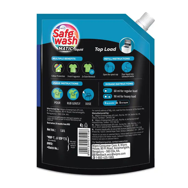 SafeWash Top Load Matic Premium Detergent Liquid | 2X Stain Removal 2L