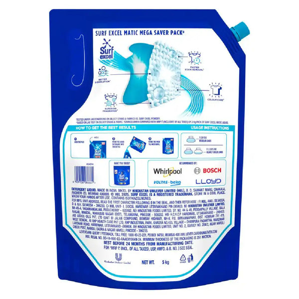 Surf Excel Matic Liquid Detergent 5 kg for Top Load | Removes tough Stains in 1st wash