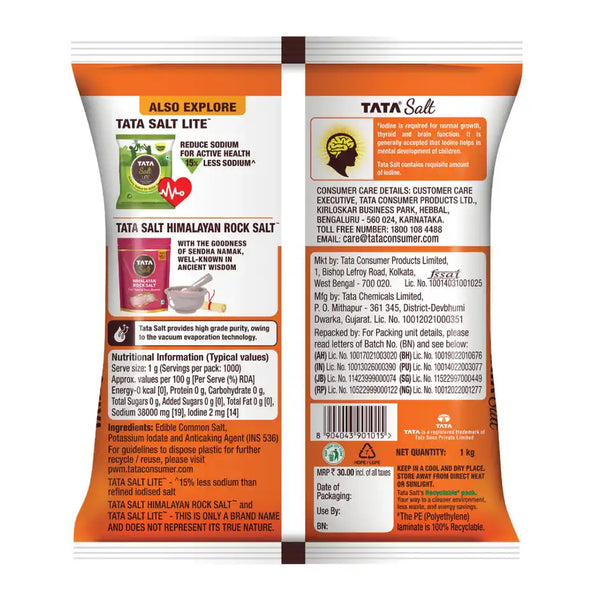 Tata Salt | Free Flowing and Iodized Namak | Vacuum Evaporated | Salt in Fresh- 1kg