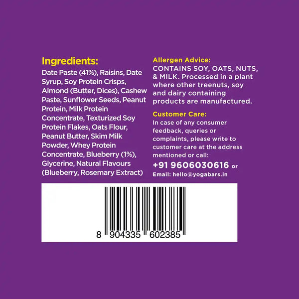 Yoga Bar 10g Protein Bar, Blueberry Blast, Date Sweetened, Raw Cold Pressed 50g