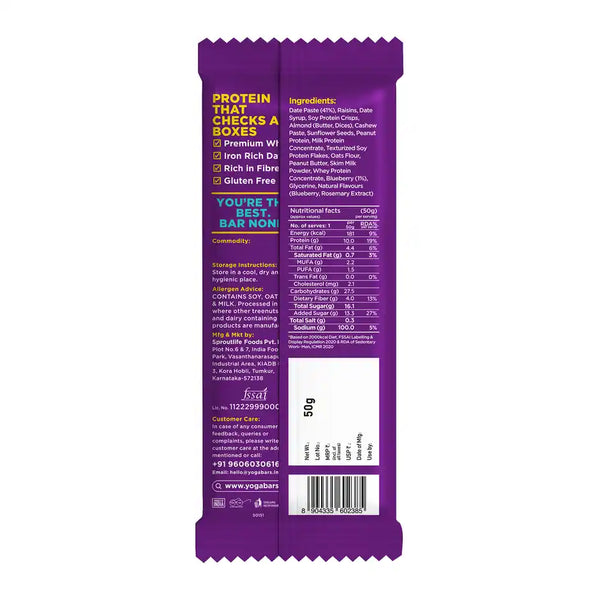 Yoga Bar 10g Protein Bar, Blueberry Blast, Date Sweetened, Raw Cold Pressed 50g