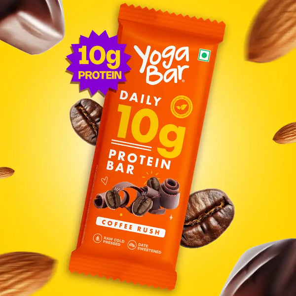 Yoga Bar 10g Protein Bar, Coffee Rush, Date Sweetened, Raw Cold Pressed 50g