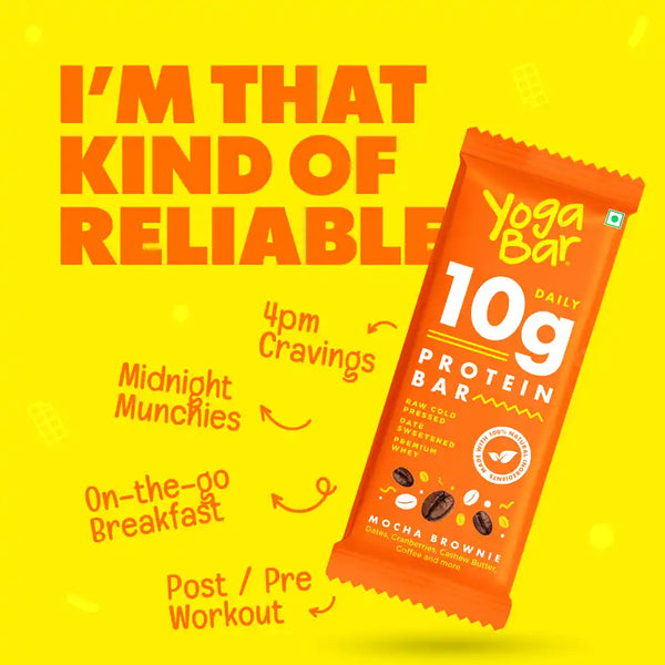 Yoga Bar 10g Protein Bar, Coffee Rush, Date Sweetened, Raw Cold Pressed 50g