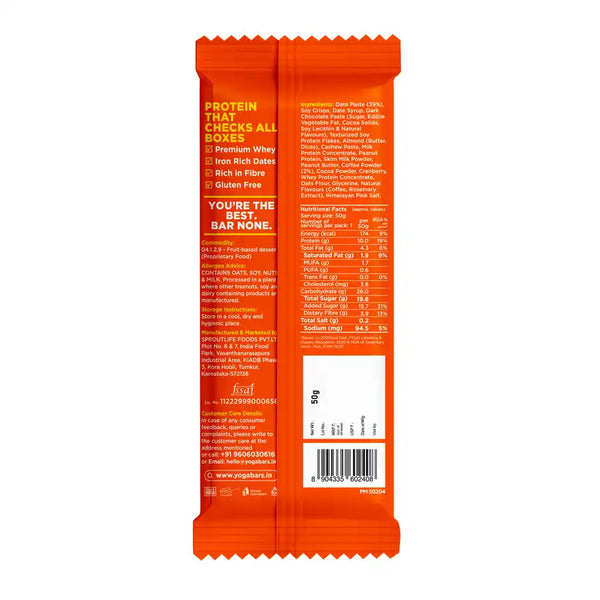 Yoga Bar 10g Protein Bar, Coffee Rush, Date Sweetened, Raw Cold Pressed 50g