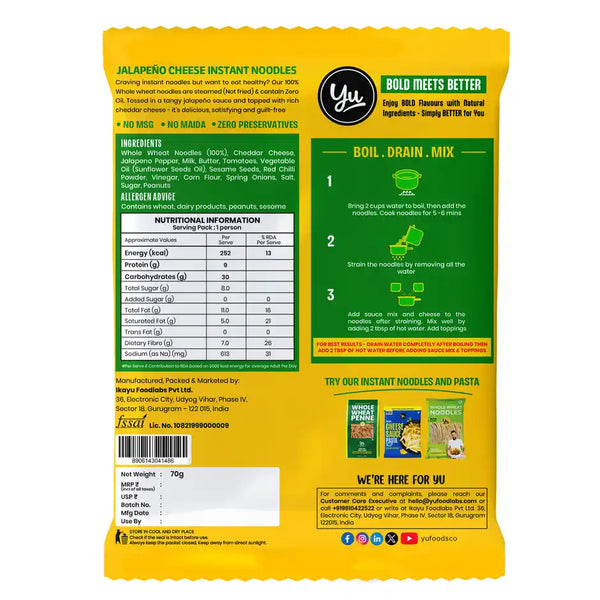 Yu Jalapeno Cheese - Whole Wheat Instant Noodles | Pack Of 2 x 70 g